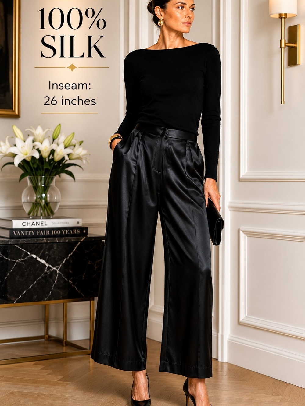Vintage Silk Straight Wide-Leg Palazzo Pants Y2K Minimalist Old Money Capsule XL